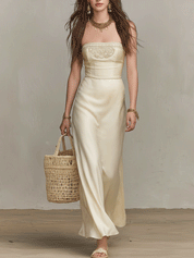 Elegant Embroidered Resort Ivory Satin Maxi Dress Set
