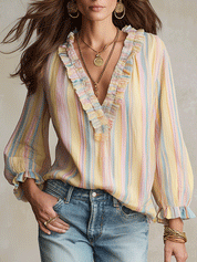 Bohemian Ruffle Trim Resort Pastel Stripe Blouse