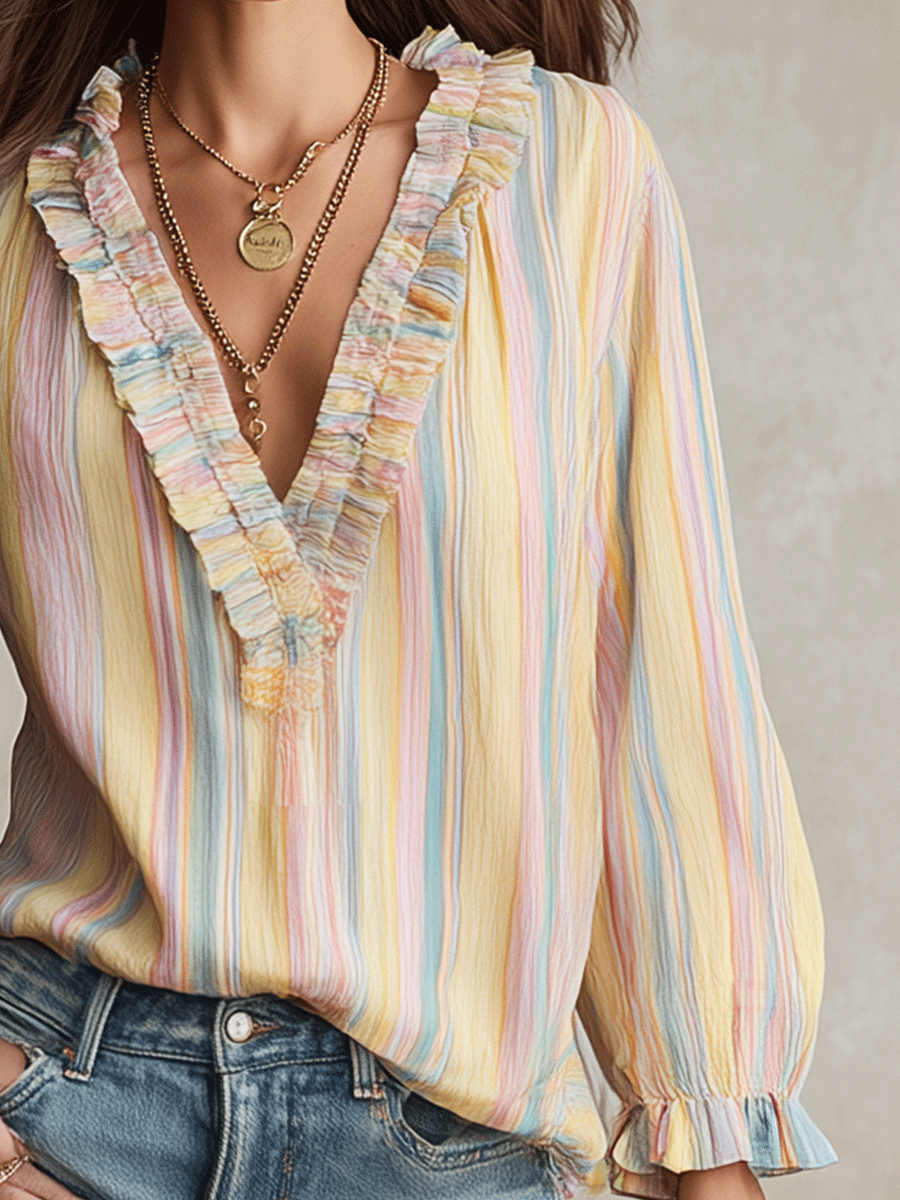 Bohemian Ruffle Trim Resort Pastel Stripe Blouse