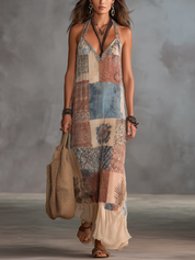 Artisan Beige Patchwork Halter Maxi Dress