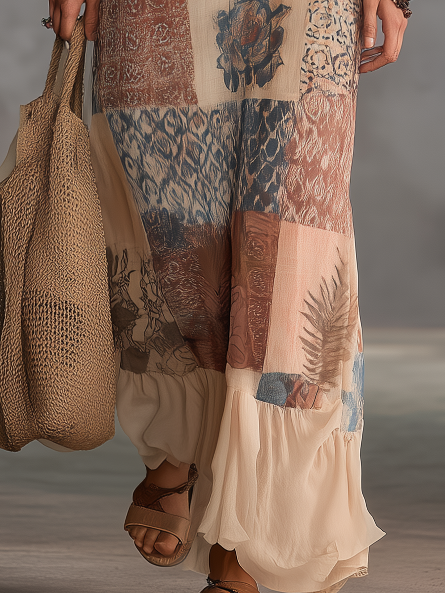 Artisan Beige Patchwork Halter Maxi Dress