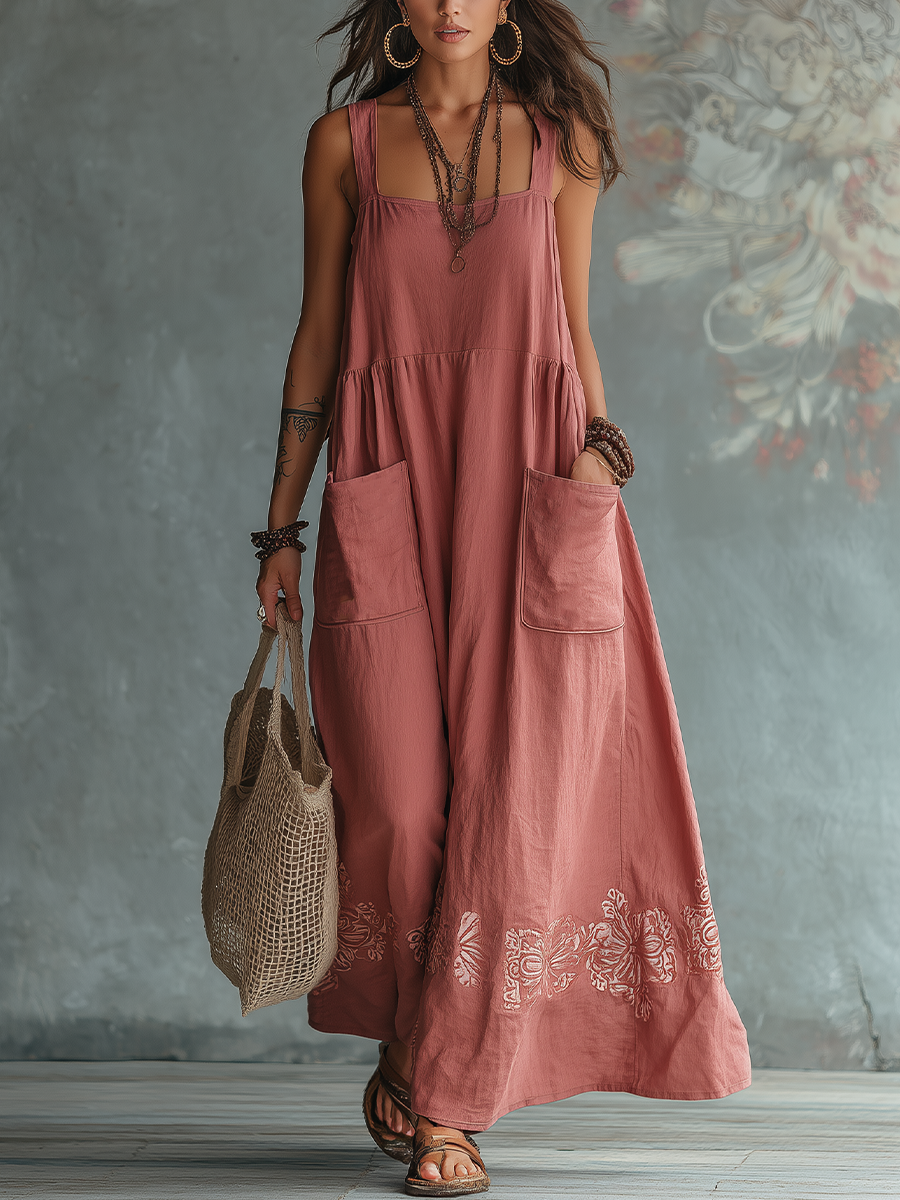 Refined Dusty Rose Pocket Detail Maxi Dress