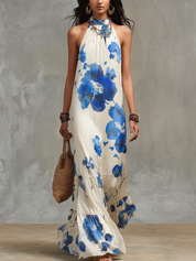 Elegant Ivory Floral Halter Maxi Dress