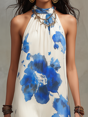 Elegant Ivory Floral Halter Maxi Dress