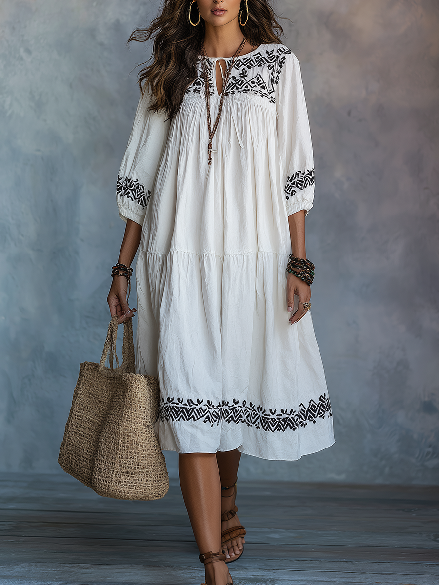 Elegant Ivory Embroidered Tiered Midi Dress