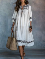 Elegant Ivory Embroidered Tiered Midi Dress