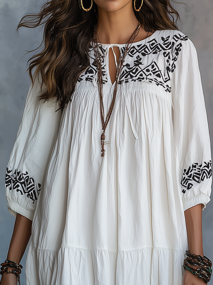 Elegant Ivory Embroidered Tiered Midi Dress