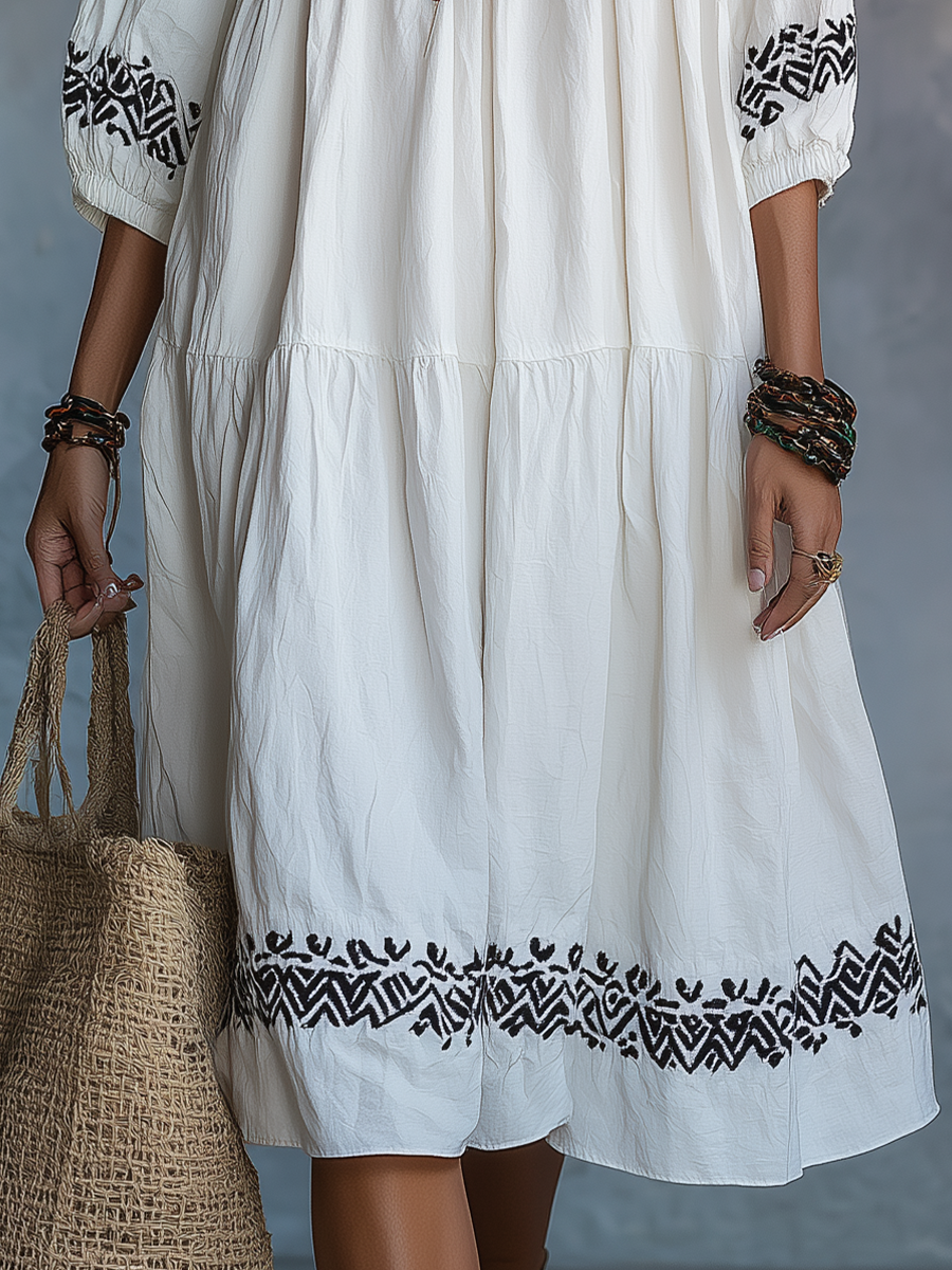 Elegant Ivory Embroidered Tiered Midi Dress