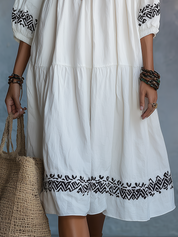 Elegant Ivory Embroidered Tiered Midi Dress