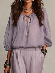 Elegant Lavender Tie-Neck Blouse & Wide Leg Pants Set