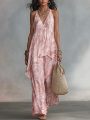 Elegant Blush Marble Print Cami Top & Wide Leg Pants Set