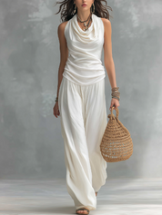 Elegant Ivory Cowl Neck Top & Wide Leg Pants Set