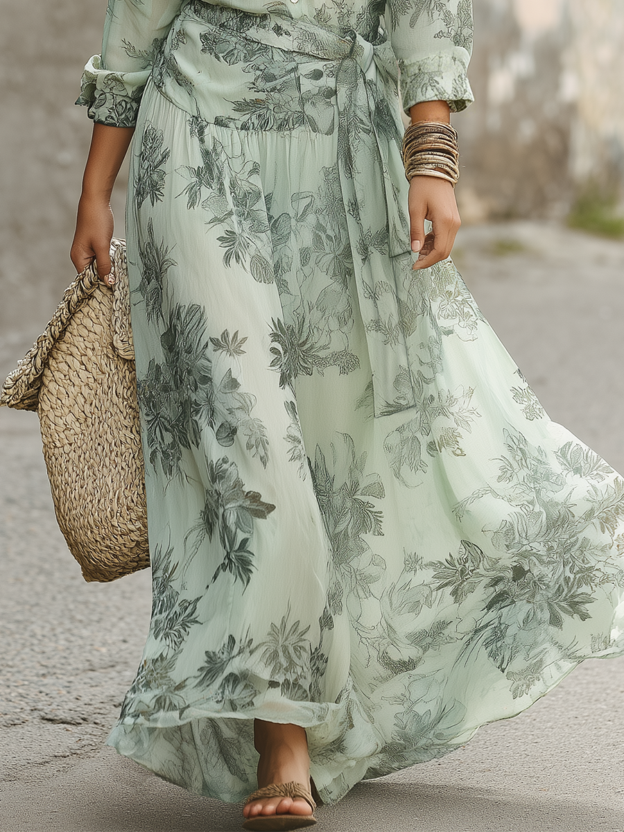 Refined Sage Floral Wrap Maxi Dress