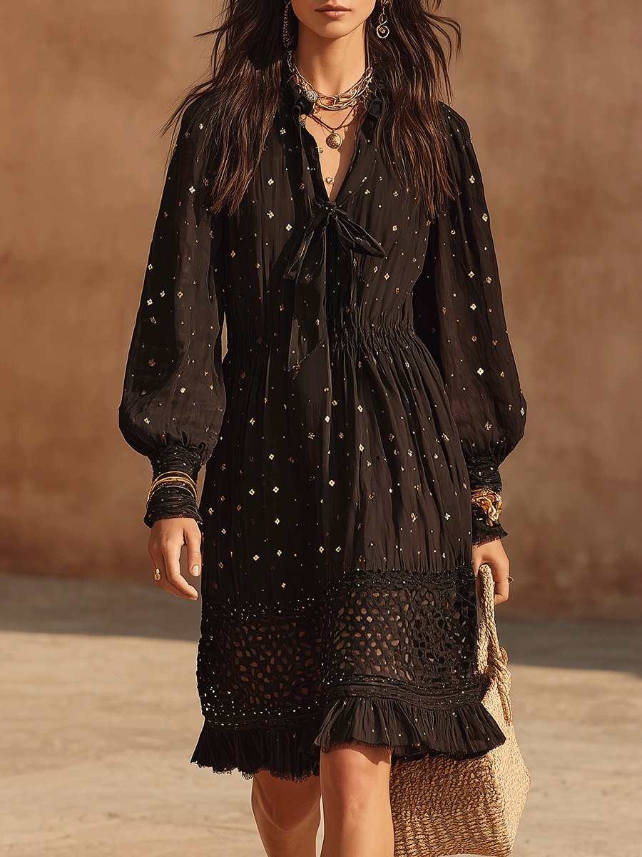 Effortless Celestial Vacation Black Ruffle Midi Dress