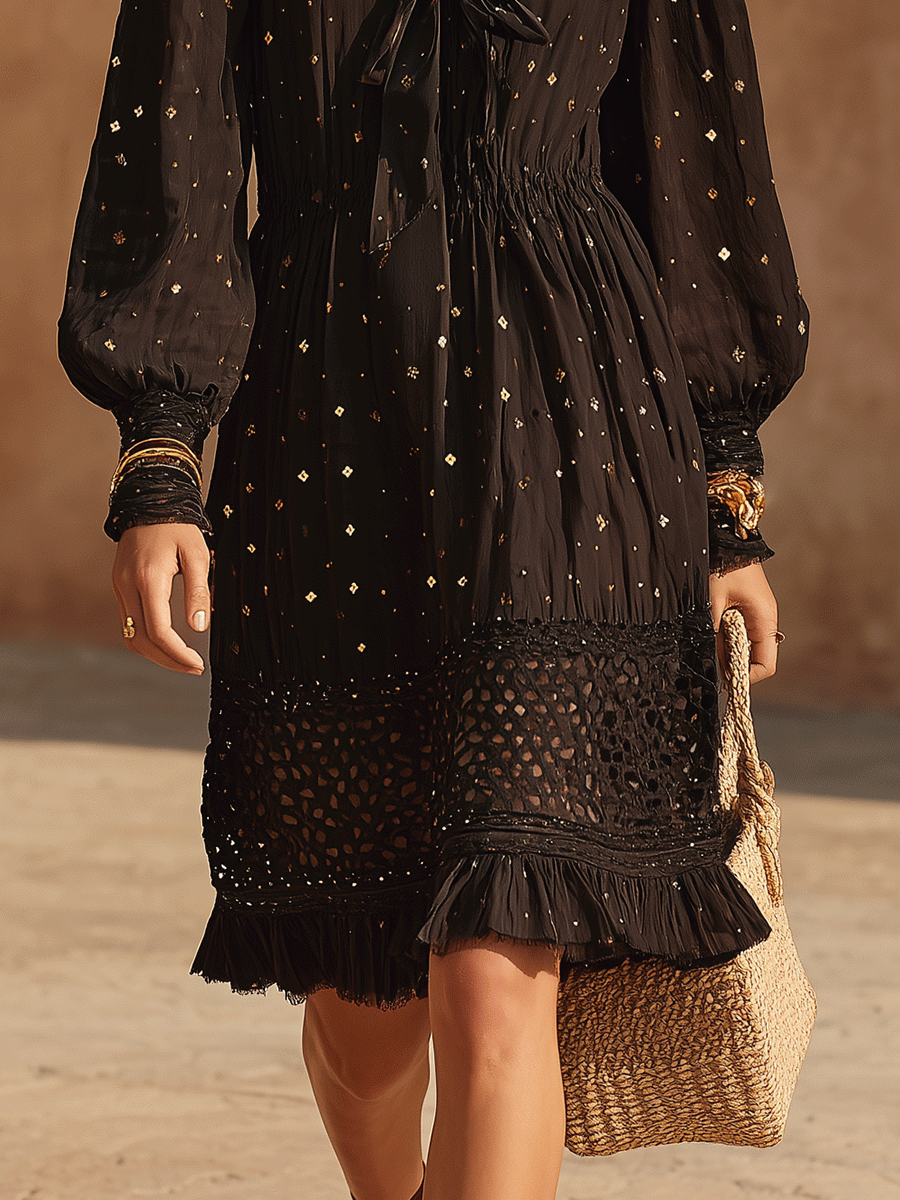 Effortless Celestial Vacation Black Ruffle Midi Dress