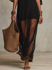 Bohemian Gold Trim Resort Midnight Black Cover-Up Maxi Dress