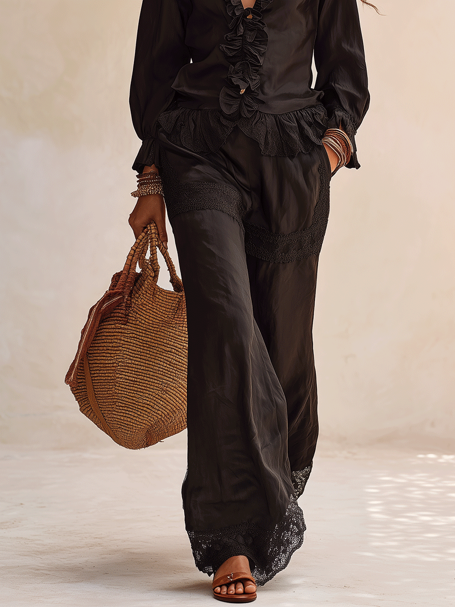 Bohemian Pure Cotton Black Ruffles Two-Piece Set