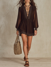 Elegant Embroidered Coastal Chocolate Brown Mini Dress