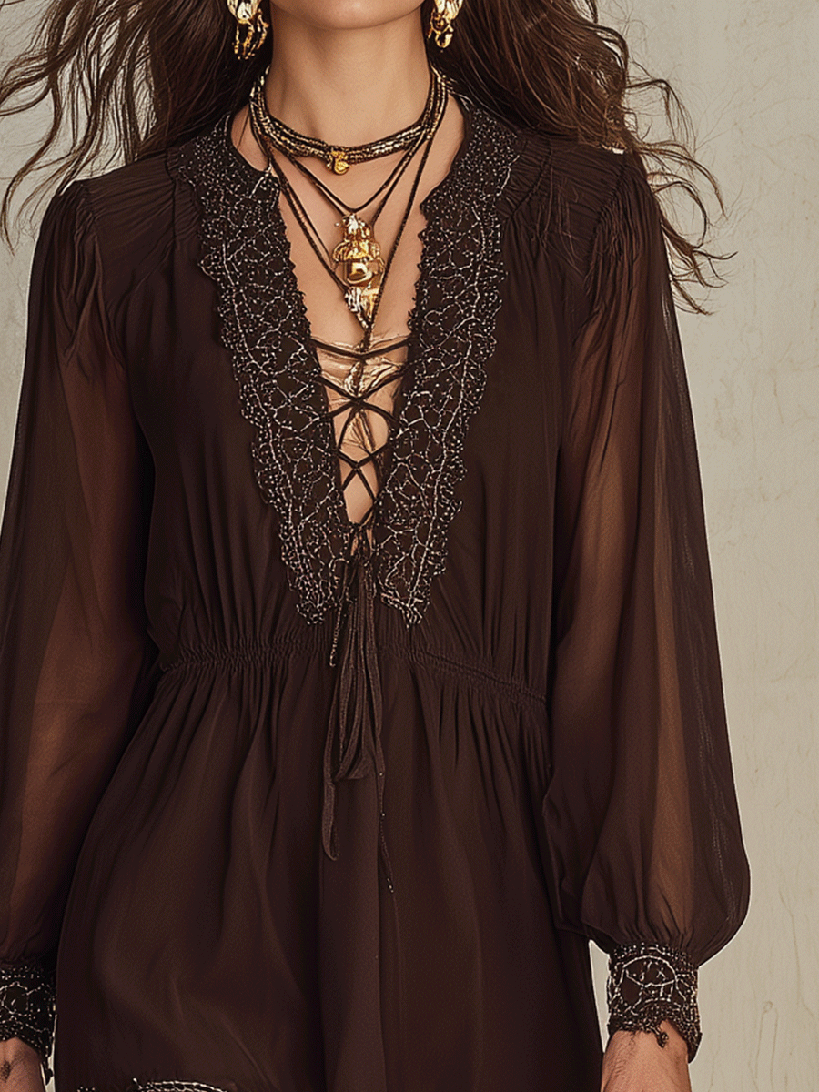 Elegant Embroidered Coastal Chocolate Brown Mini Dress