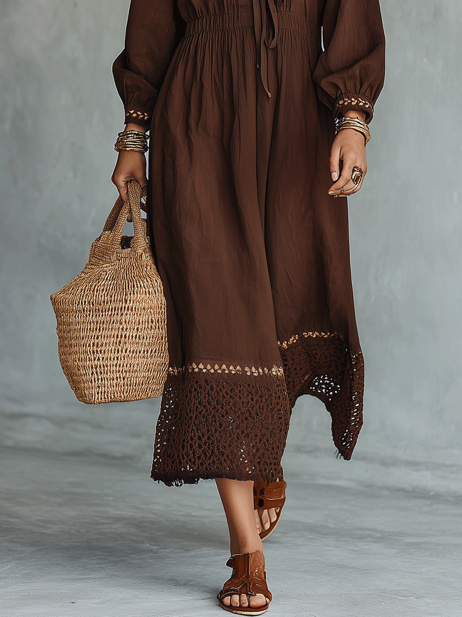 Bohemian Crochet Hem Resort Espresso Brown Maxi Dress