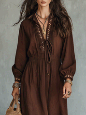 Bohemian Crochet Hem Resort Espresso Brown Maxi Dress