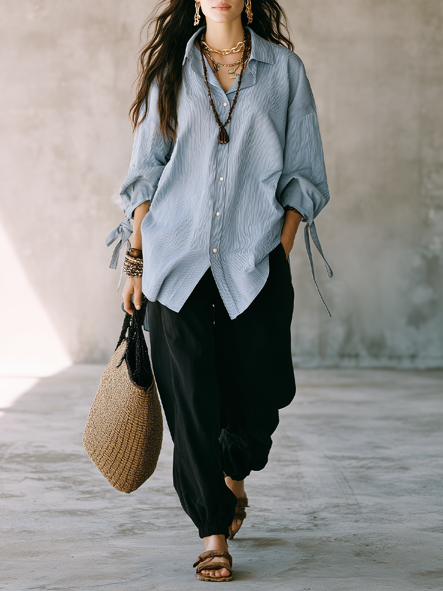 Relaxed Sky Blue Tie-Sleeve Shirt & Harem Pants Set