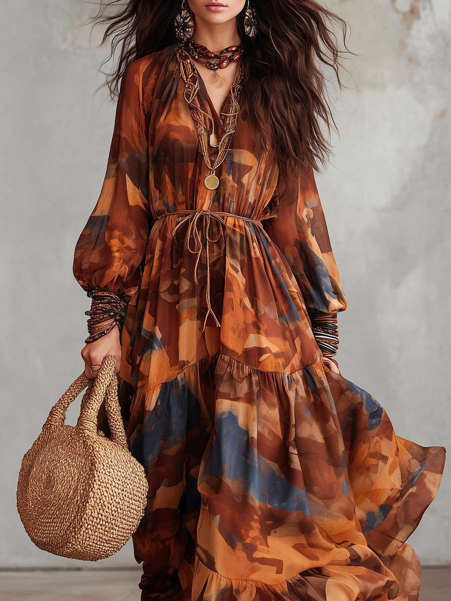 Bohemian Sunset Abstract Print Maxi Dress