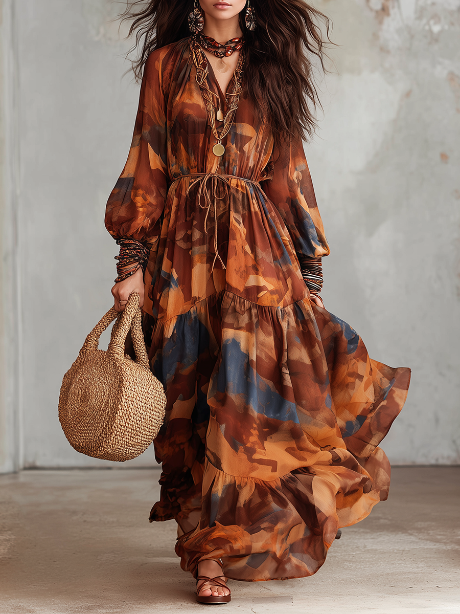 Bohemian Sunset Abstract Print Maxi Dress