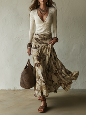 Cream Ribbed Wrap Top & Floral Print Maxi Skirt Set