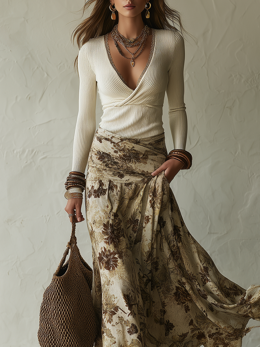 Cream Ribbed Wrap Top & Floral Print Maxi Skirt Set