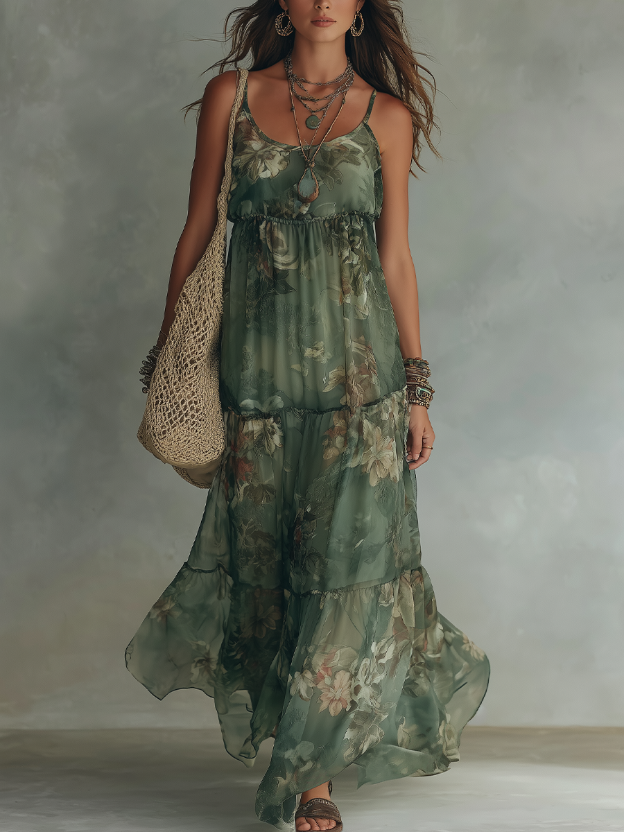 Graceful Olive Floral Maxi Dress