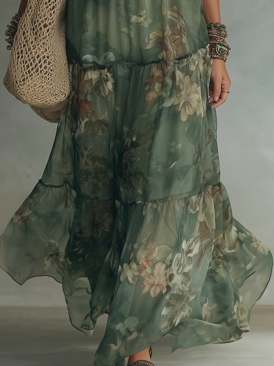 Graceful Olive Floral Maxi Dress