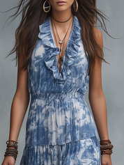 Refined Blue Scenic Print Maxi Dress