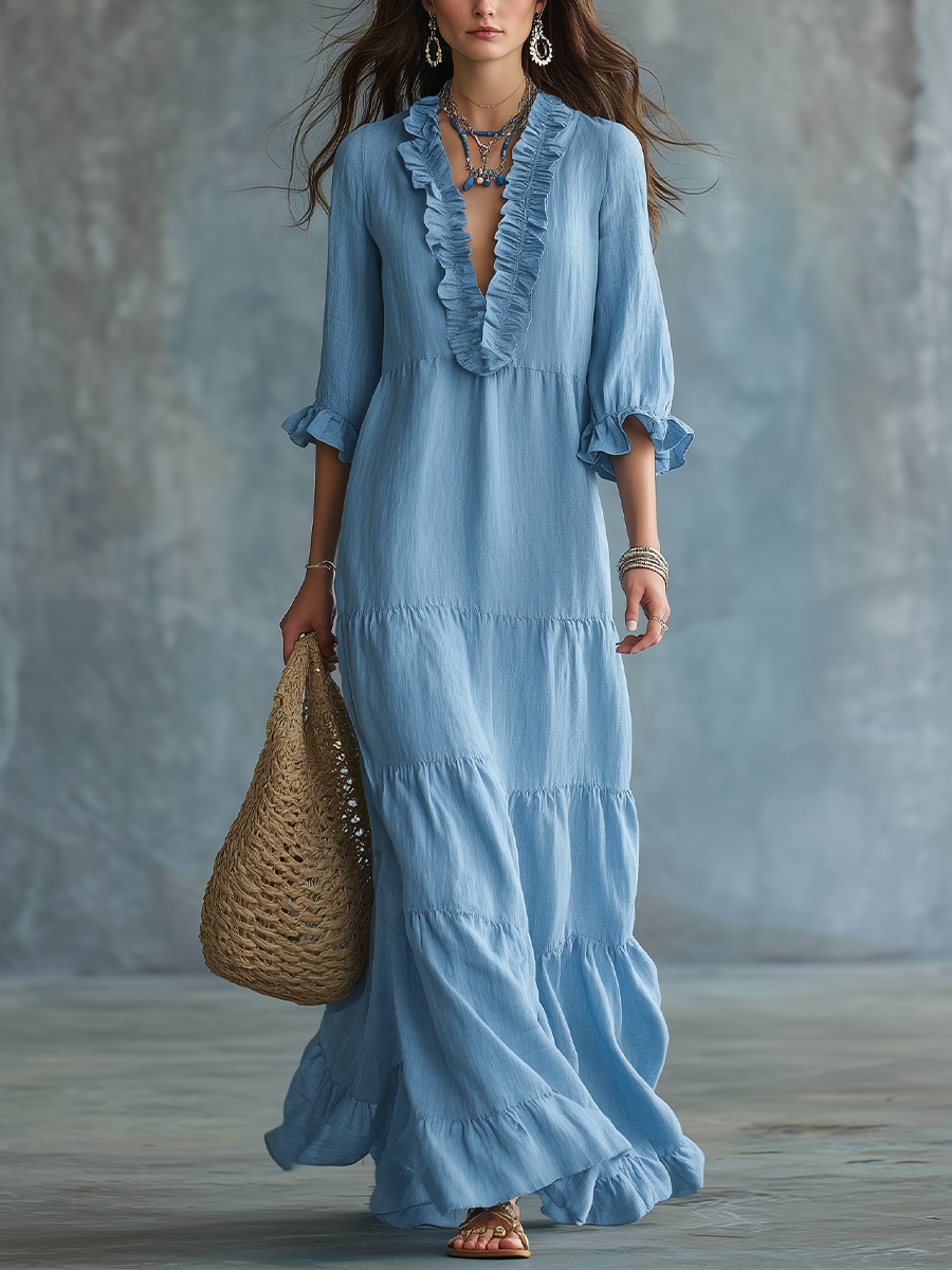 Soft Sky Blue Ruffled Maxi Dress