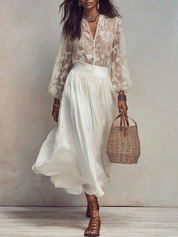 Effortless Romantic Vacation Cream White Chiffon Skirt Set