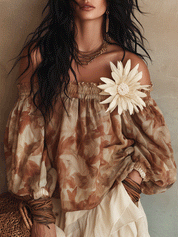 Bohemian Floral Print Resort Sand Beige Off-Shoulder Blouse