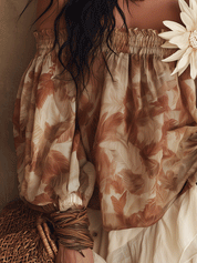 Bohemian Floral Print Resort Sand Beige Off-Shoulder Blouse