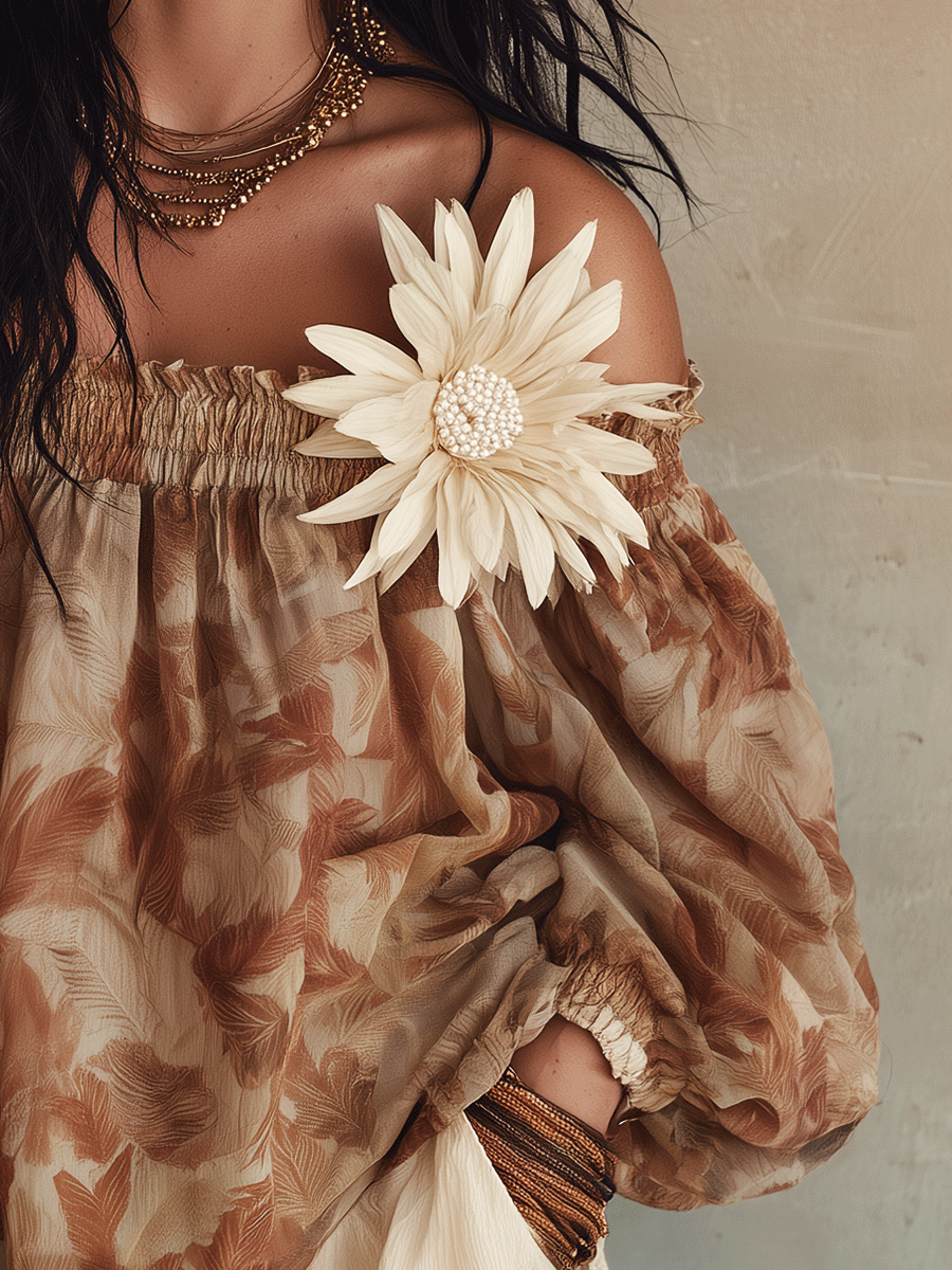 Bohemian Floral Print Resort Sand Beige Off-Shoulder Blouse