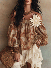 Bohemian Floral Print Resort Sand Beige Off-Shoulder Blouse