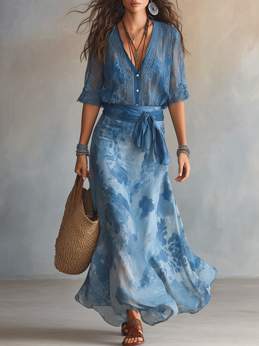 Elegant Sheer Wrap Tie Waist Floral Maxi Dress And Shirt Set