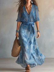 Elegant Sheer Wrap Tie Waist Floral Maxi Dress And Shirt Set