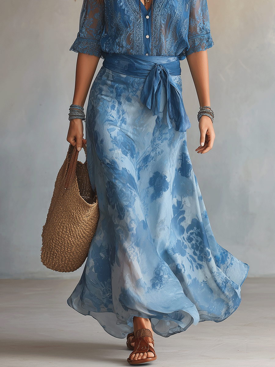 Elegant Sheer Wrap Tie Waist Floral Maxi Dress And Shirt Set