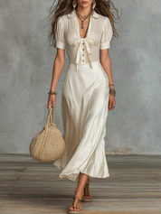 Elegant Satin Tie-Front Cream Midi Dress