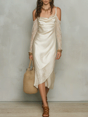 Elegant Lace Sleeve Resort Ivory Satin Midi Dress