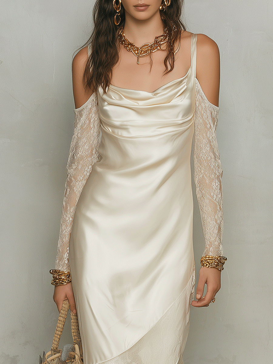 Elegant Lace Sleeve Resort Ivory Satin Midi Dress