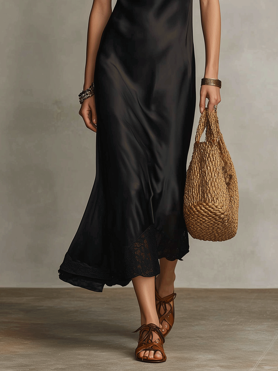 Elegant Satin Lace-Trimmed Evening Black Midi Dress