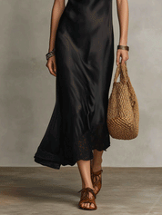 Elegant Satin Lace-Trimmed Evening Black Midi Dress
