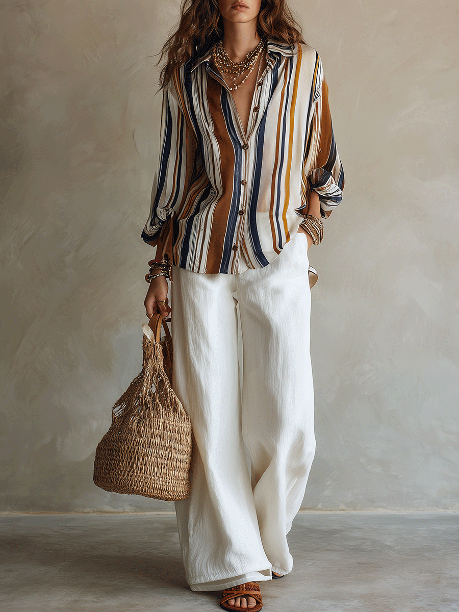 Bohemian Vertical Stripe Resort Earth Tone Blouse