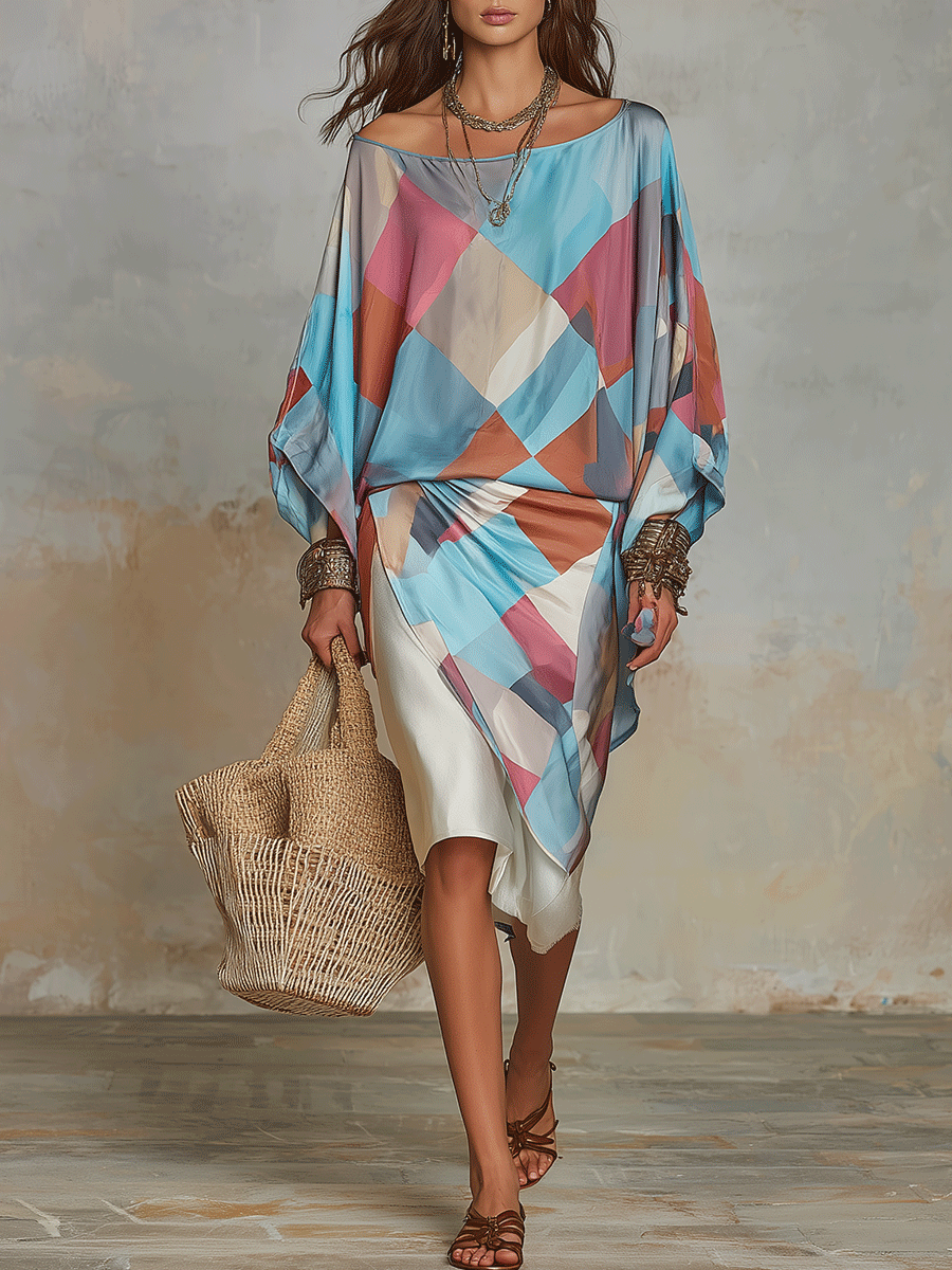 Bohemian Colorblock Sheer Satin Draped Midi Dress