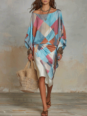 Bohemian Colorblock Sheer Satin Draped Midi Dress
